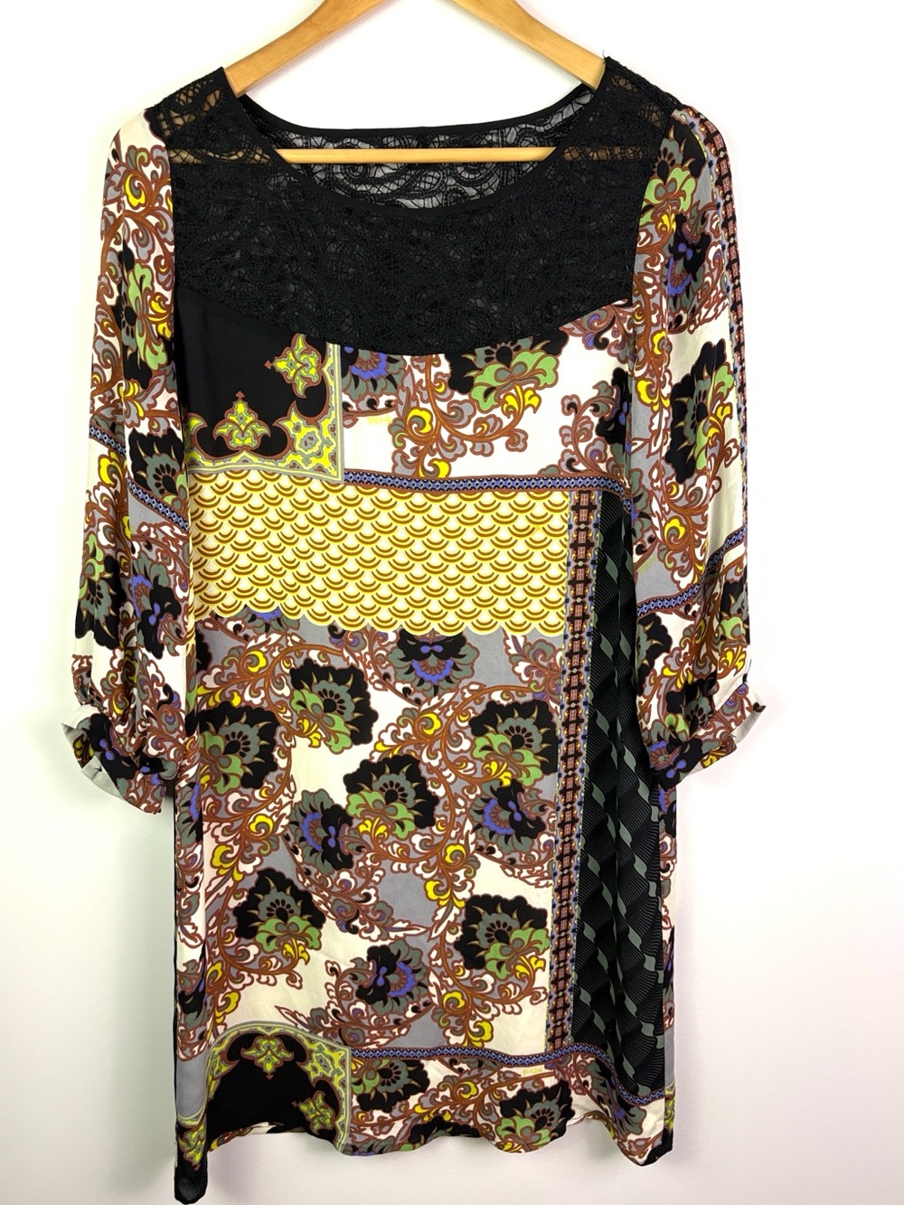 Hale Bob 100% silk Boho Patchwork Print Tunic Dress with Black Lace Yoke size S